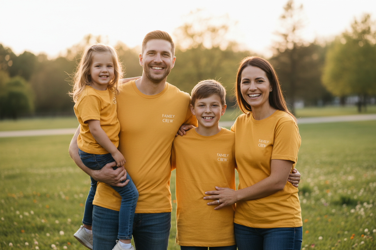4 people's in family wearing uniform tshirt